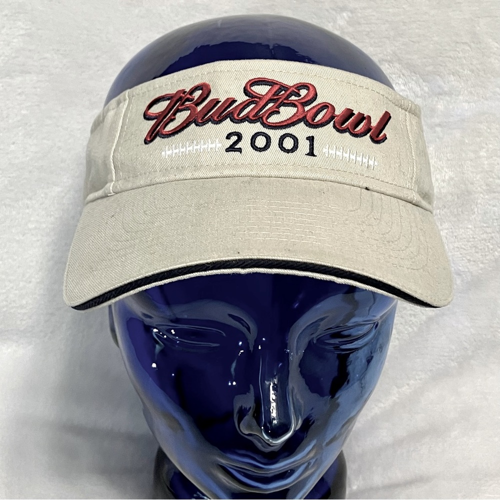 Vintage BUD BOWL 2001 TAN ADJUSTABLE VISOR HAT BUDWEISER BUD LIGHT